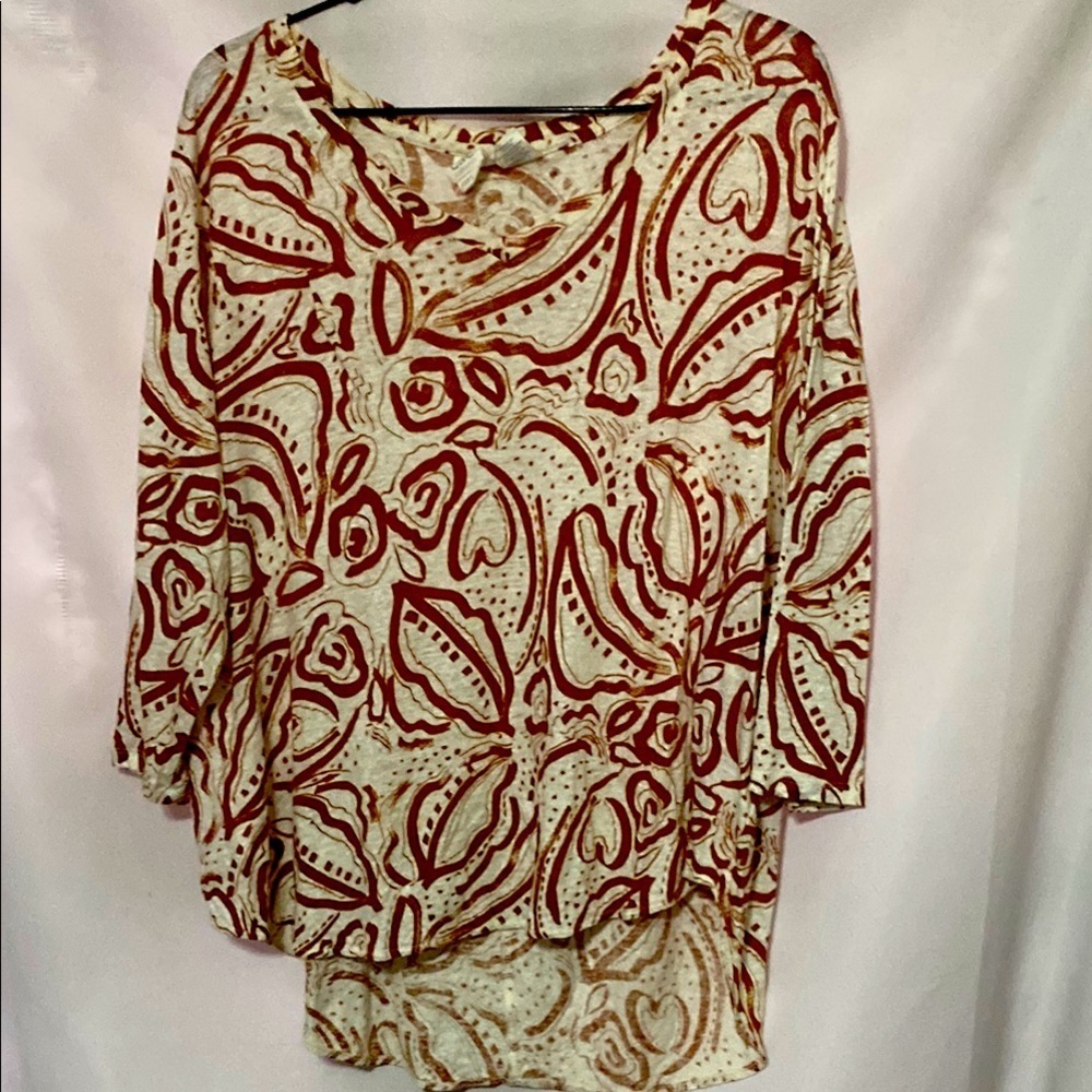 C&C California 100% LINEN WOMENS size 2XL Asymmetrical CARAMEL 3/4 Sleeve Blouse